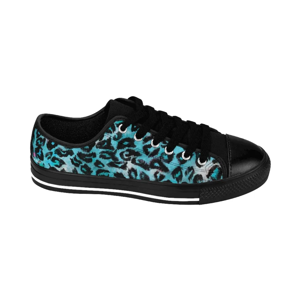 Blue Leopard Print Women's Sneakers, Bright Blue Animal Print Fashion Tennis Canvas Shoes For Ladies