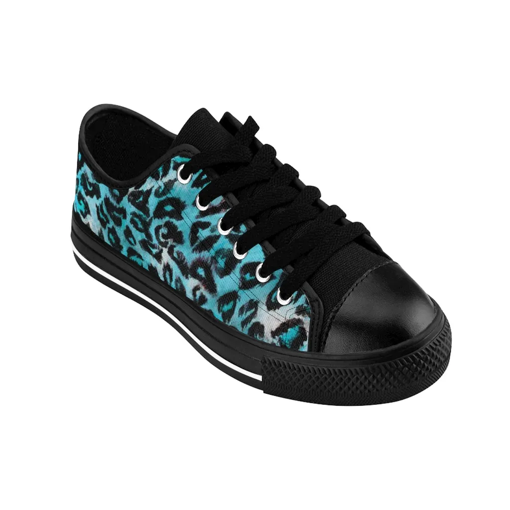 Blue Leopard Print Women's Sneakers, Bright Blue Animal Print Fashion Tennis Canvas Shoes For Ladies