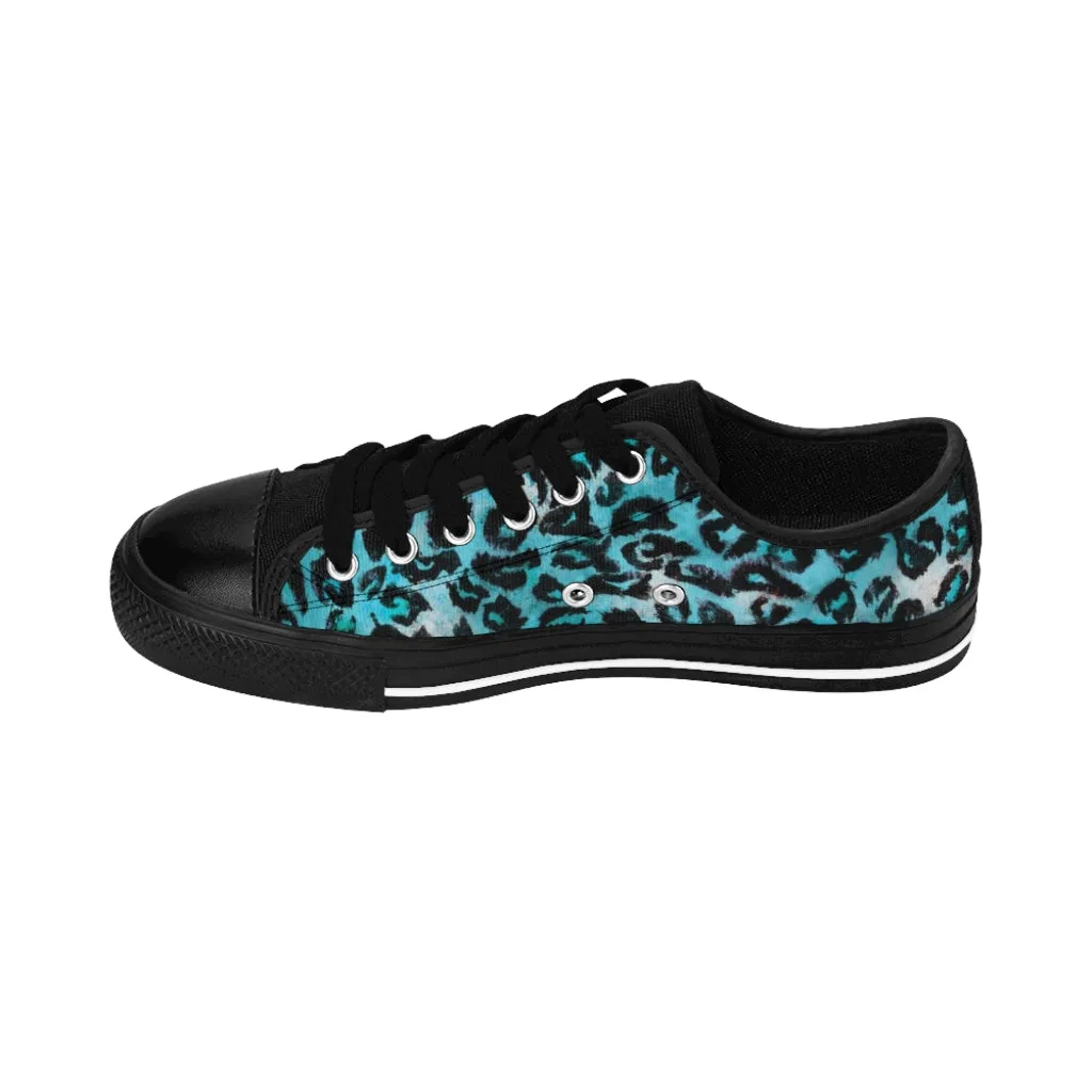 Blue Leopard Print Women's Sneakers, Bright Blue Animal Print Fashion Tennis Canvas Shoes For Ladies