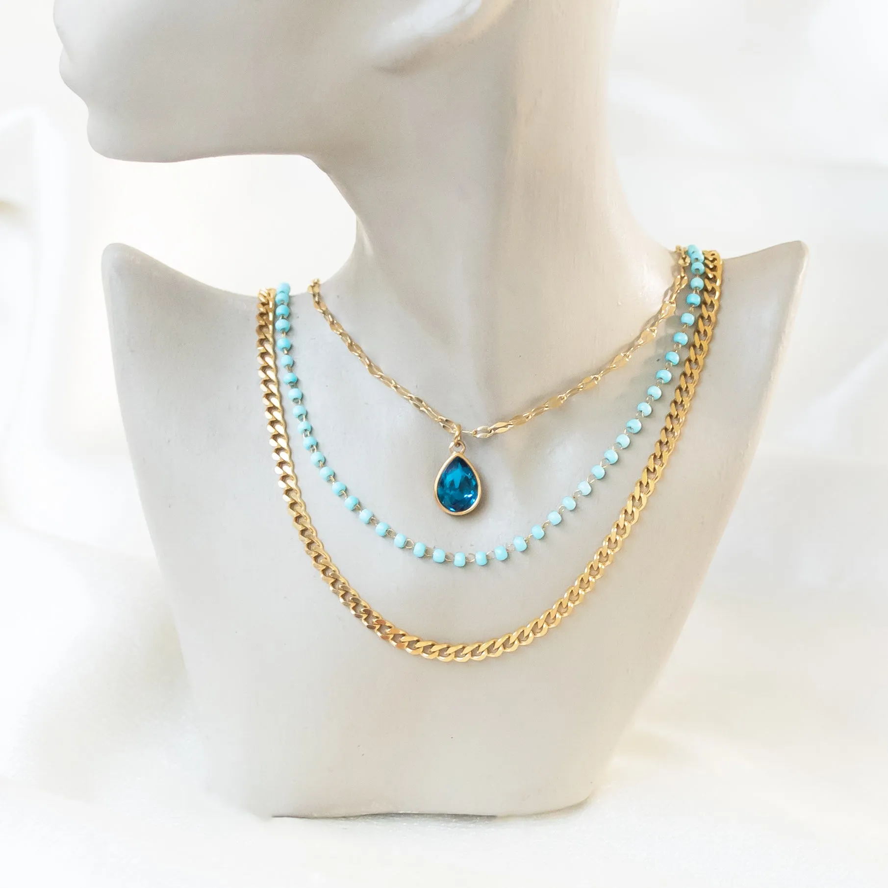 Blue Stone Triple Layered Necklace