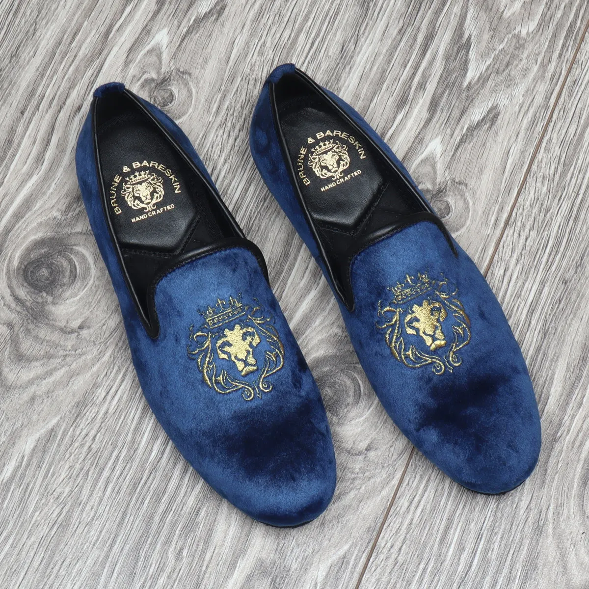 Blue Velvet/Golden Lion King Embroidery Slip-On Shoes By Brune & Bareskin