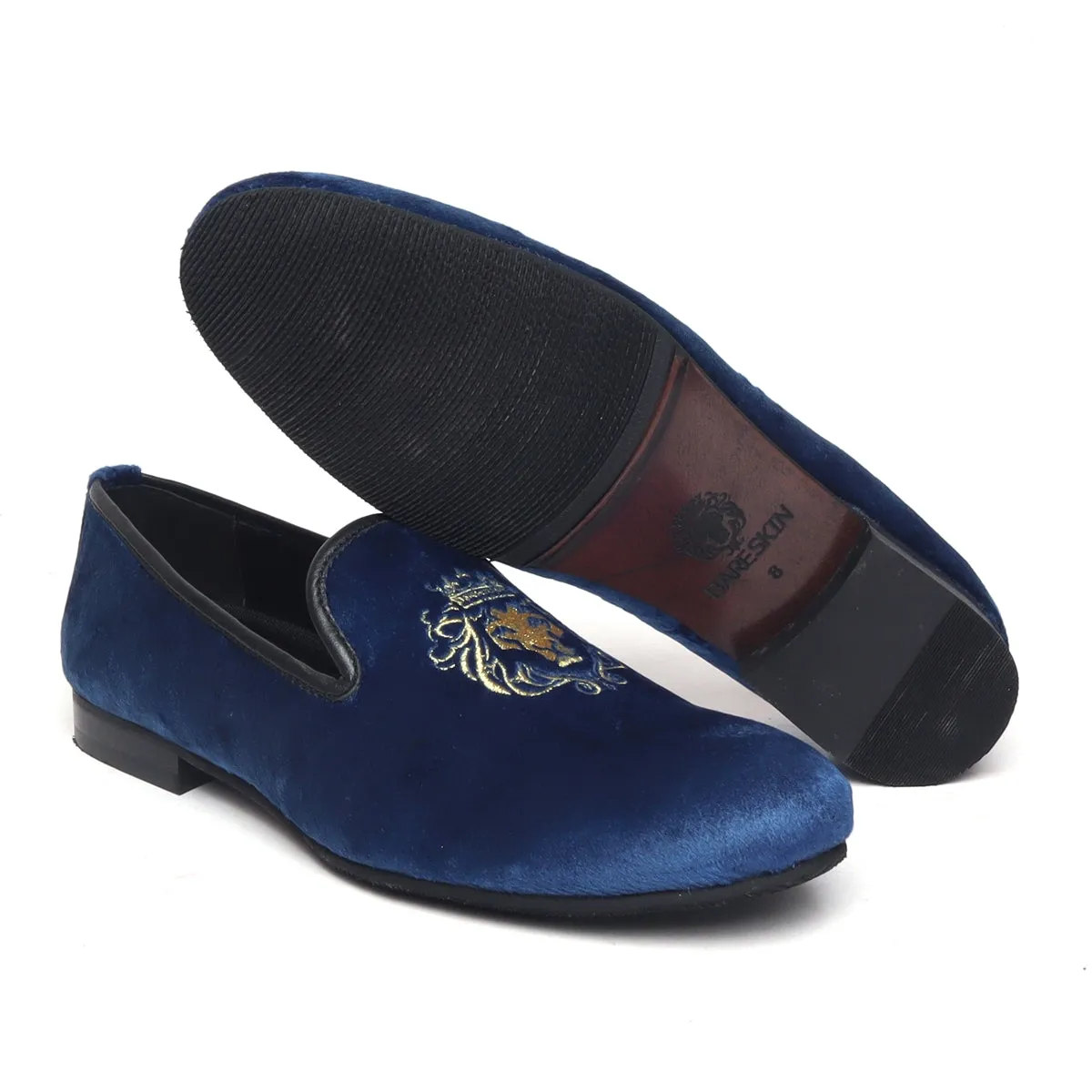 Blue Velvet/Golden Lion King Embroidery Slip-On Shoes By Brune & Bareskin