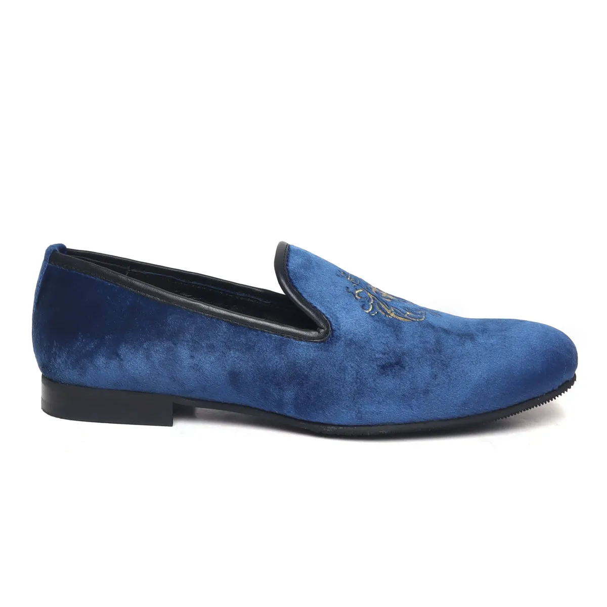 Blue Velvet/Golden Lion King Embroidery Slip-On Shoes By Brune & Bareskin