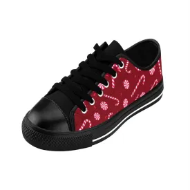 Burgundy Christmas Men's Sneakers, Red White Candy Cane Low Top Running Tennis Shoes