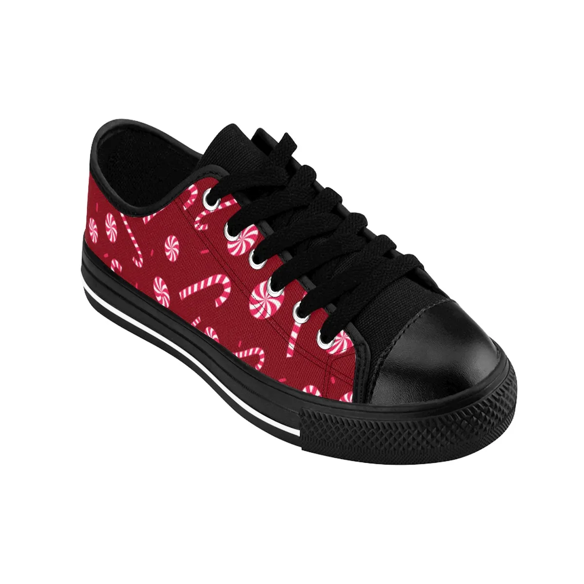 Burgundy Christmas Men's Sneakers, Red White Candy Cane Low Top Running Tennis Shoes