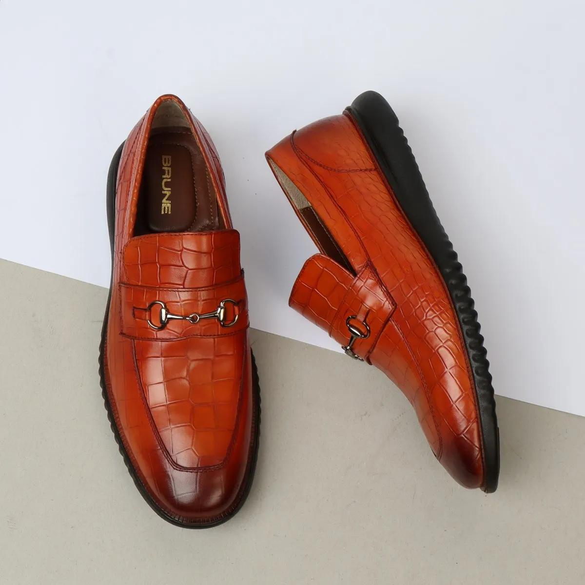 Burnished Tan Loafers in Deep Cut Leather with Light Weight Sole