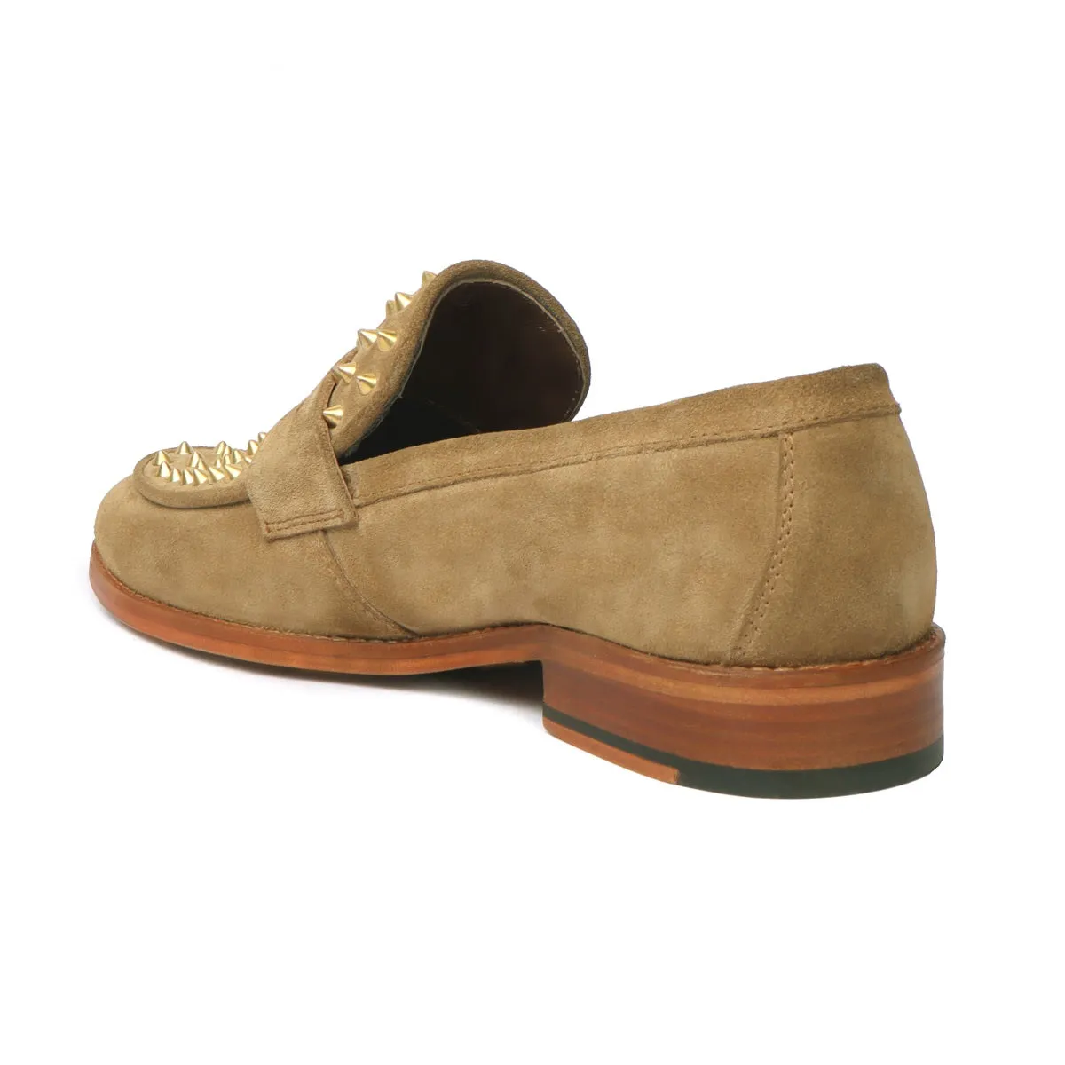 Camel Suede Leather Penny Loafers Studded Toe with Triangular Cut-Strap