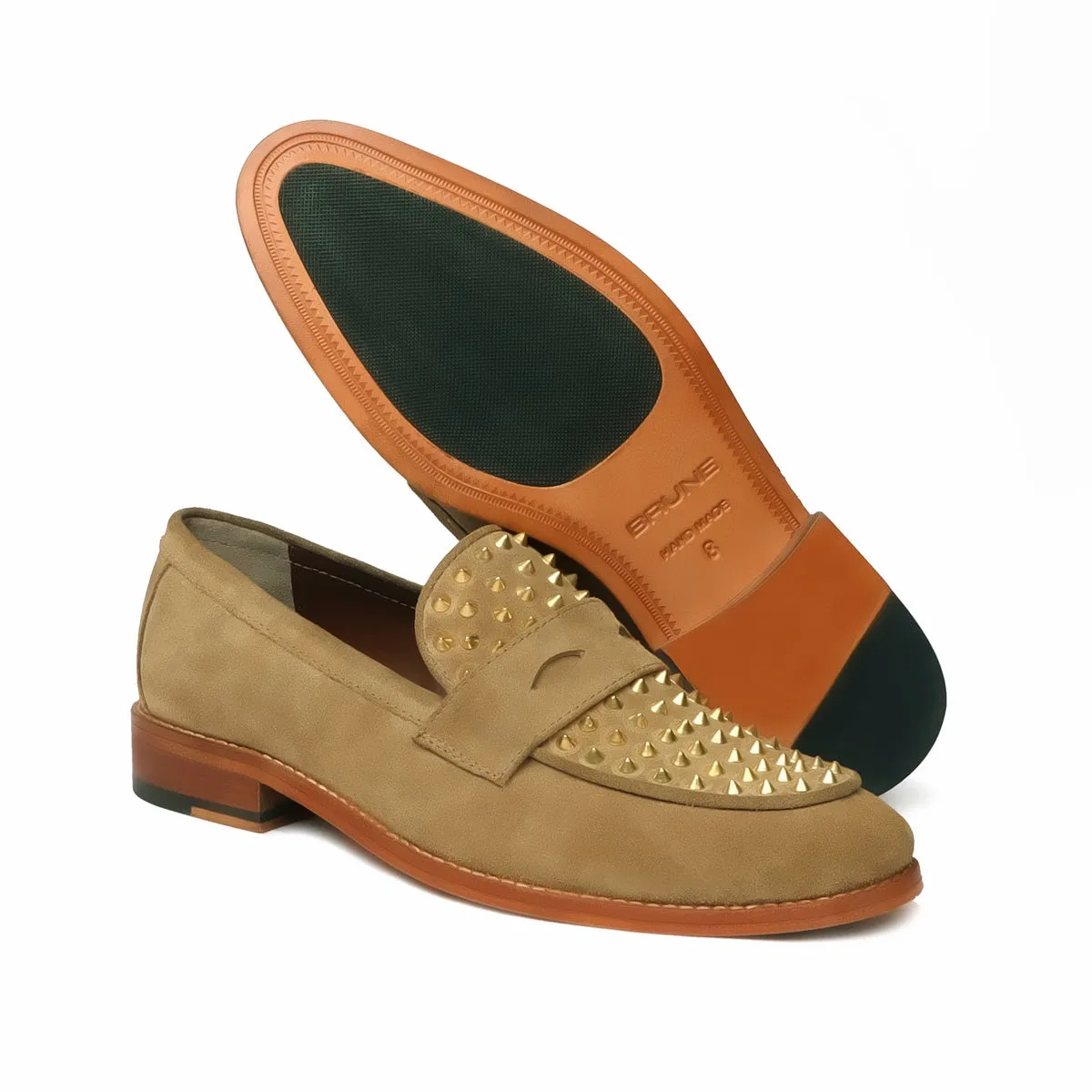 Camel Suede Leather Penny Loafers Studded Toe with Triangular Cut-Strap