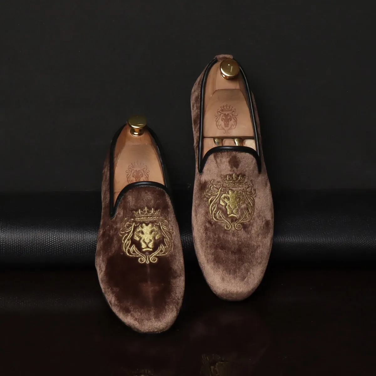 Copper Brown/Golden Lion King Embroidery Velvet Slip-On By Brune & Bareskin