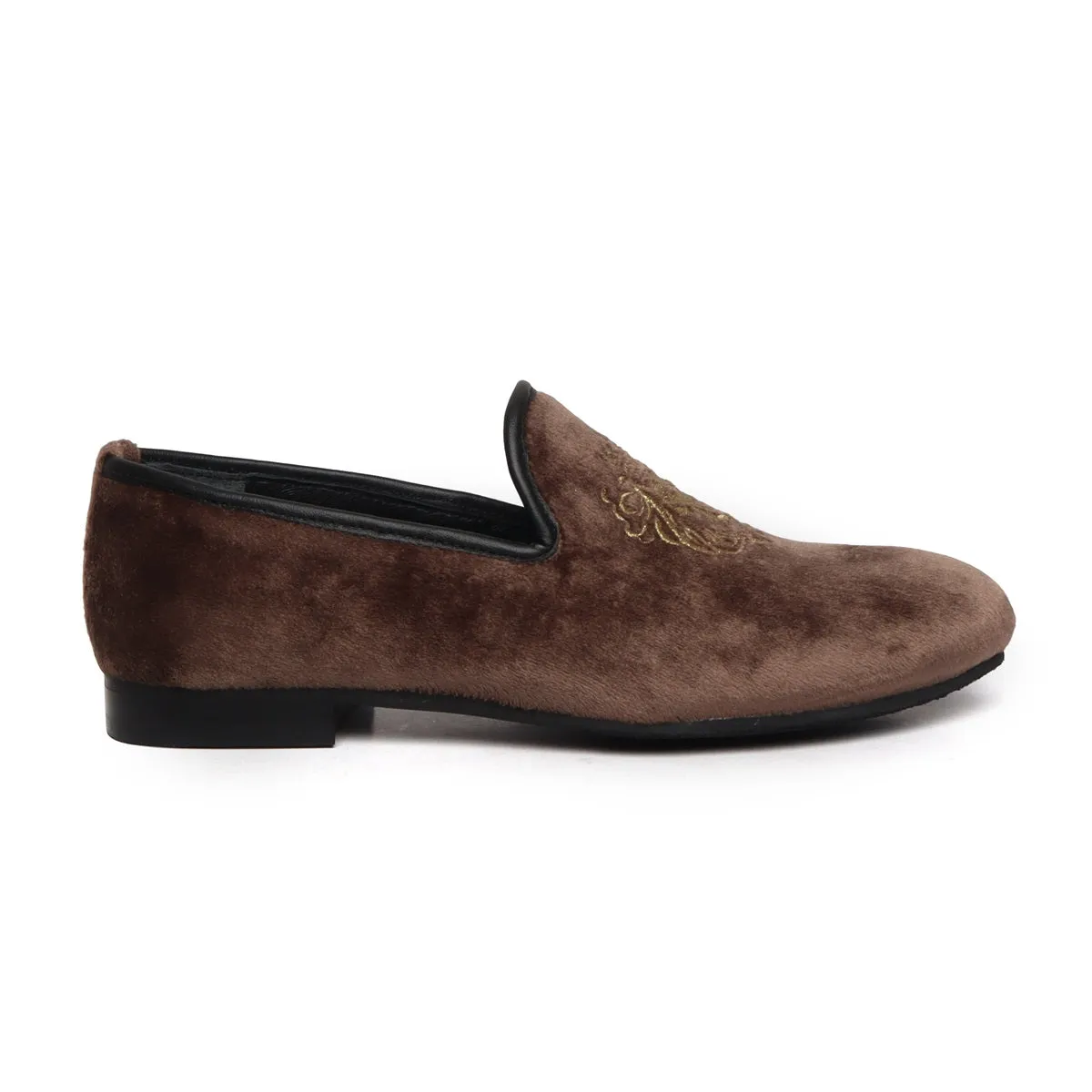 Copper Brown/Golden Lion King Embroidery Velvet Slip-On By Brune & Bareskin