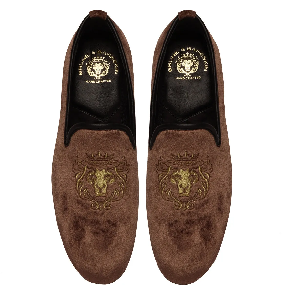 Copper Brown/Golden Lion King Embroidery Velvet Slip-On By Brune & Bareskin