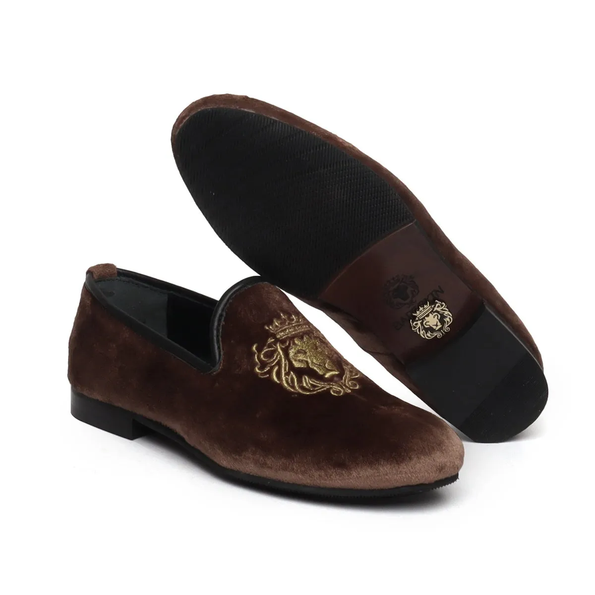 Copper Brown/Golden Lion King Embroidery Velvet Slip-On By Brune & Bareskin