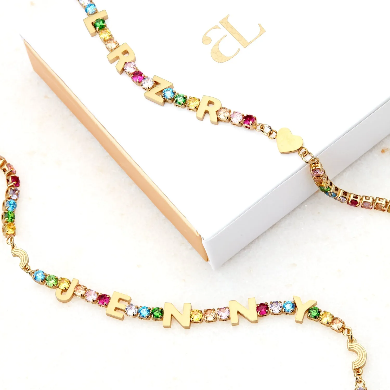 Custom Name Rainbow Tennis Necklace (Gold)