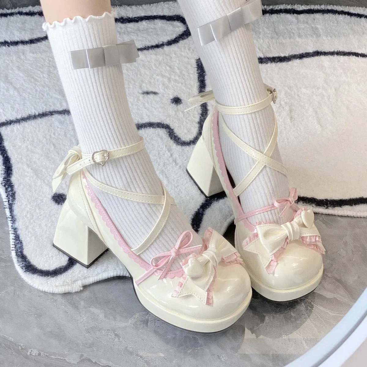 Cute Sweet Japanese Waterproof Platform Bow Lolita Shoes