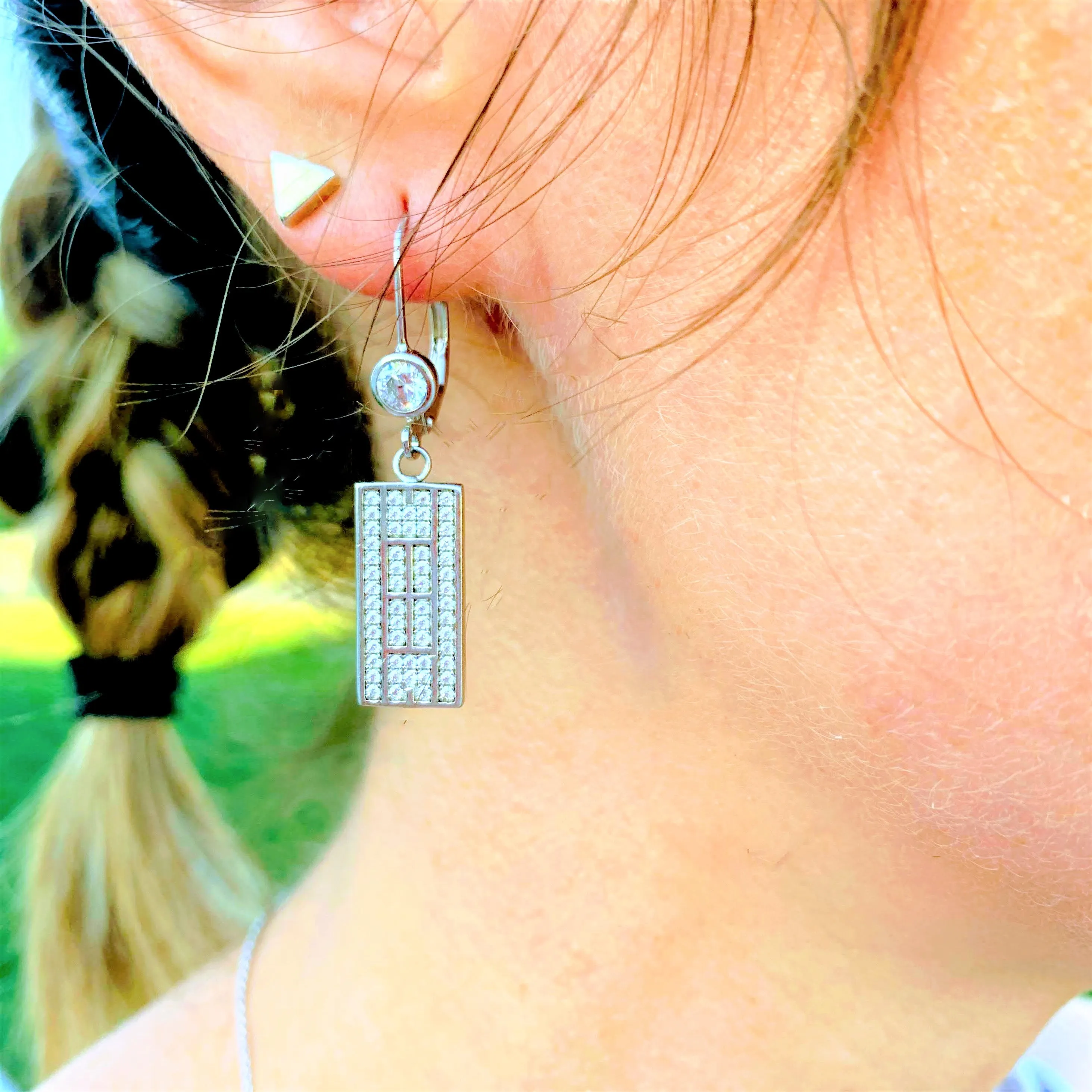 CZ Tennis Court Lever Back Earrings