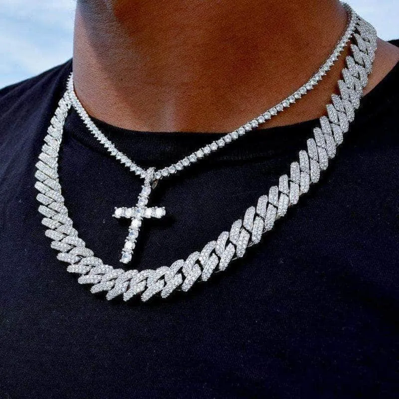 Diamond Prong Set Cuban and Iced Cross Tennis Chain Bundle