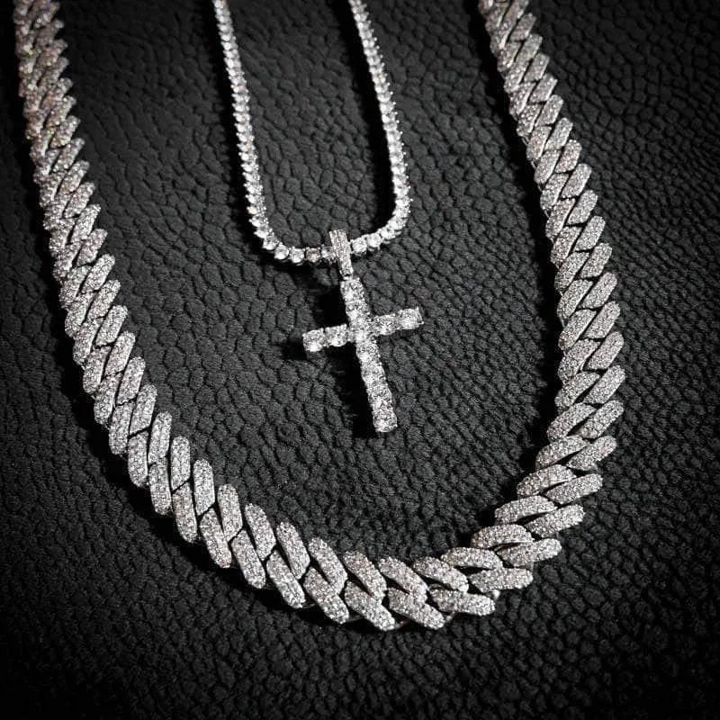 Diamond Prong Set Cuban and Iced Cross Tennis Chain Bundle