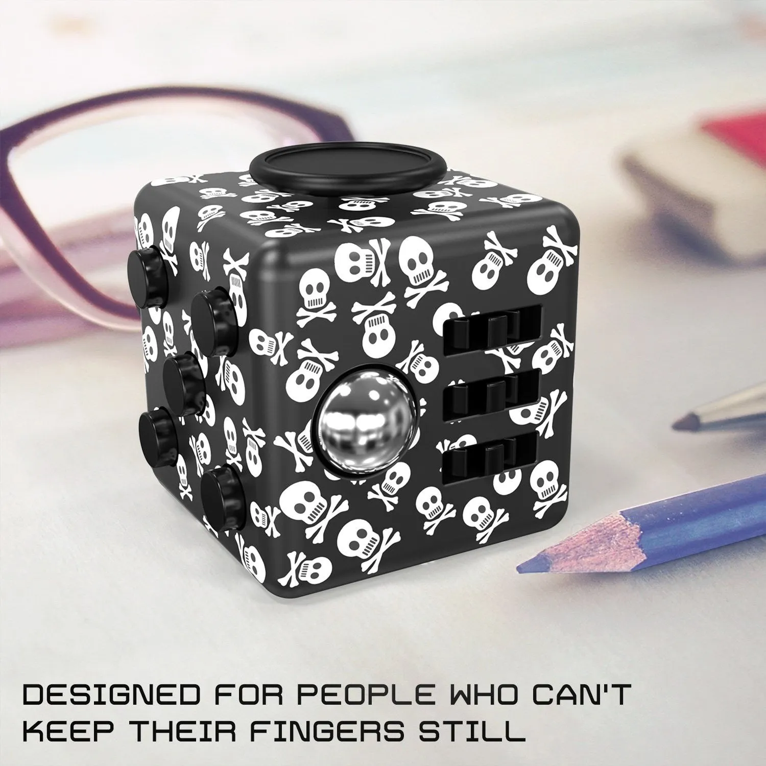 FIDPRO Fidget Cube, Silent Dice Toy - Click, Flip, Glide, Spin, Rub & Roll, [SKULL]