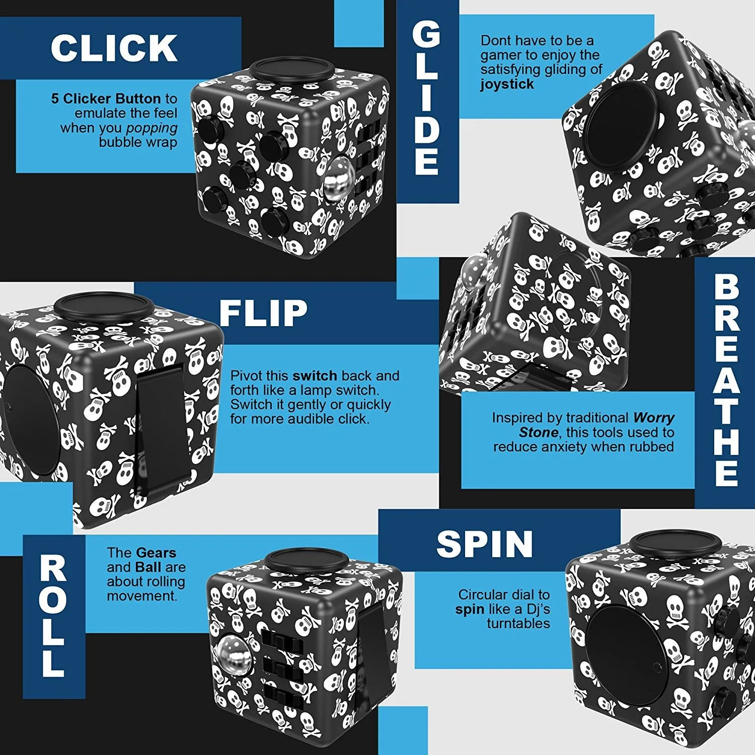 FIDPRO Fidget Cube, Silent Dice Toy - Click, Flip, Glide, Spin, Rub & Roll, [SKULL]