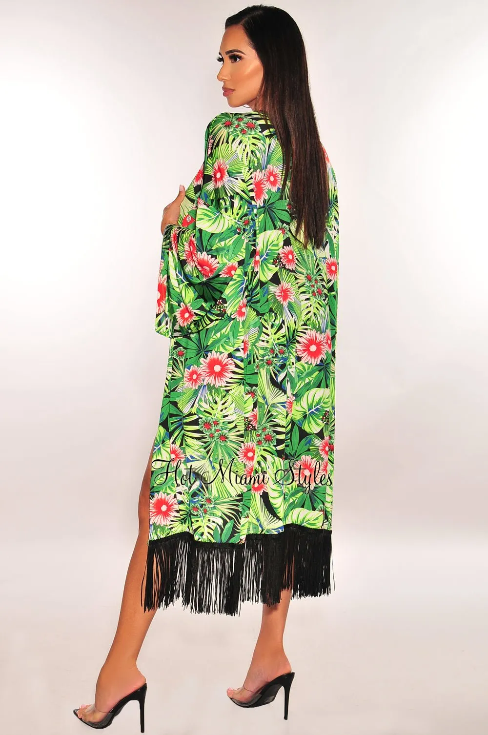 Green Tropical Print Kimono Sleeves Fringe Cover Up