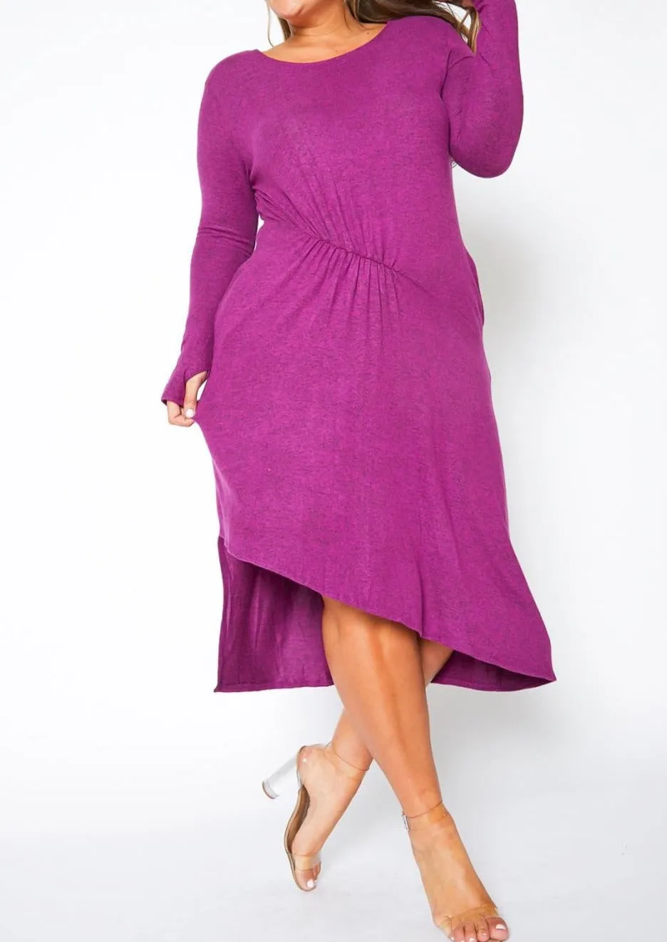 HI CURVY Plus Size Asymmetric Long Sleeve Midi Dress