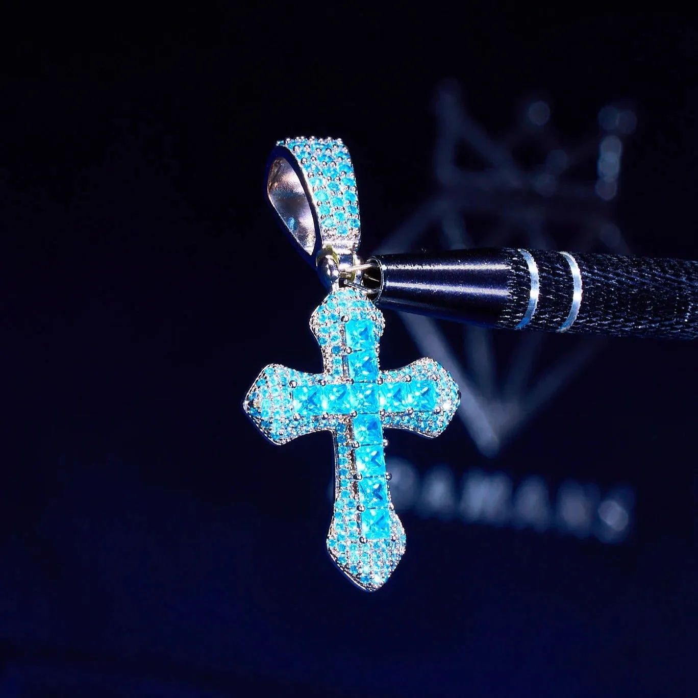 Iced Blue Celtic Cross Pendant - White Gold