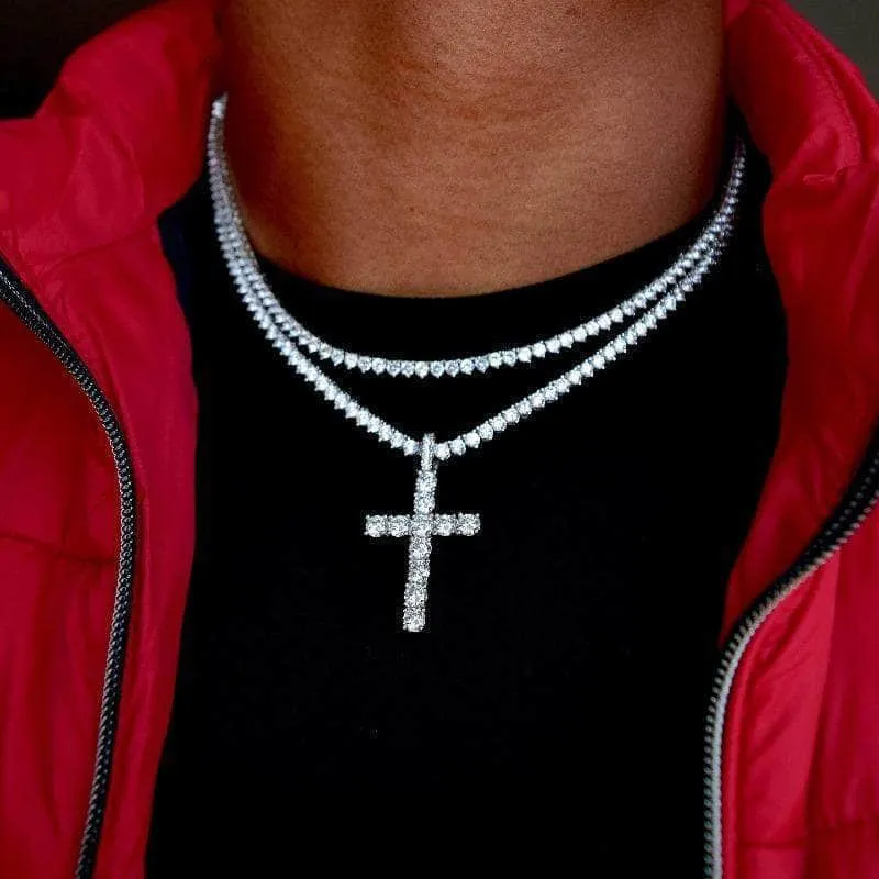 Iced Diamond Cross Tennis Chain Bundle in White Gold