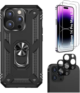 iPhone 14 Pro Max 6.7-inch Protection Kit Bundle - Military Kickstand Series Case with Tempered Glass Screen and Camera Protector - Black