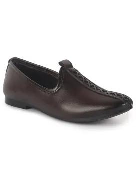 Men Brown Ethnic Slip On Stripe Juttis and Mojaris for Wedding|Party Slip-On|Traditional Kurtas Shoes|Festive Slip On Shoes