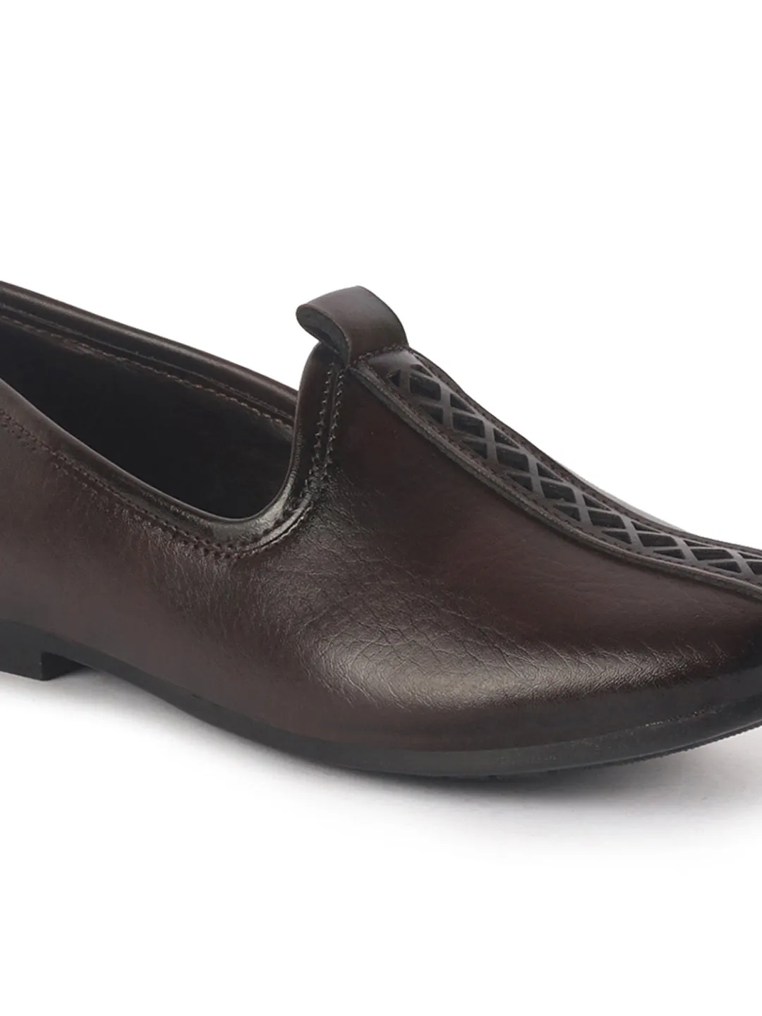 Men Brown Ethnic Slip On Stripe Juttis and Mojaris for Wedding|Party Slip-On|Traditional Kurtas Shoes|Festive Slip On Shoes