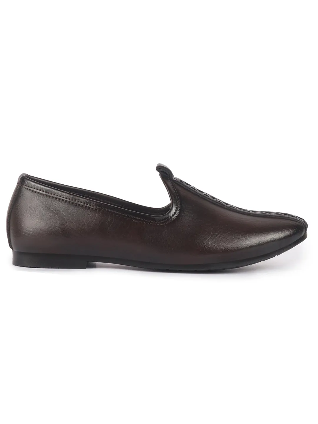 Men Brown Ethnic Slip On Stripe Juttis and Mojaris for Wedding|Party Slip-On|Traditional Kurtas Shoes|Festive Slip On Shoes