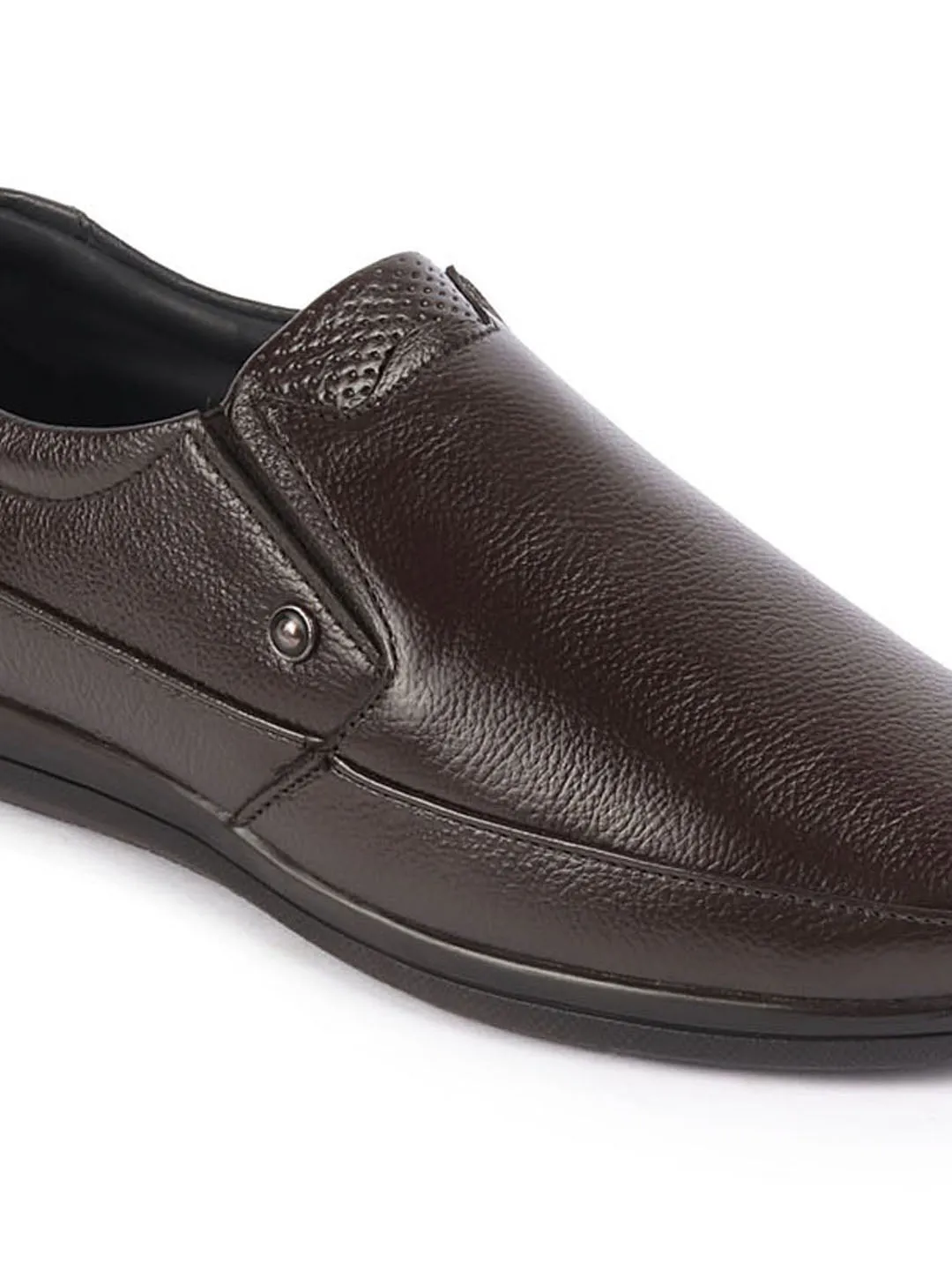 Men Brown Genuine Leather Formal Office Comfort Broad Feet Side Stitched Slip On Shoes