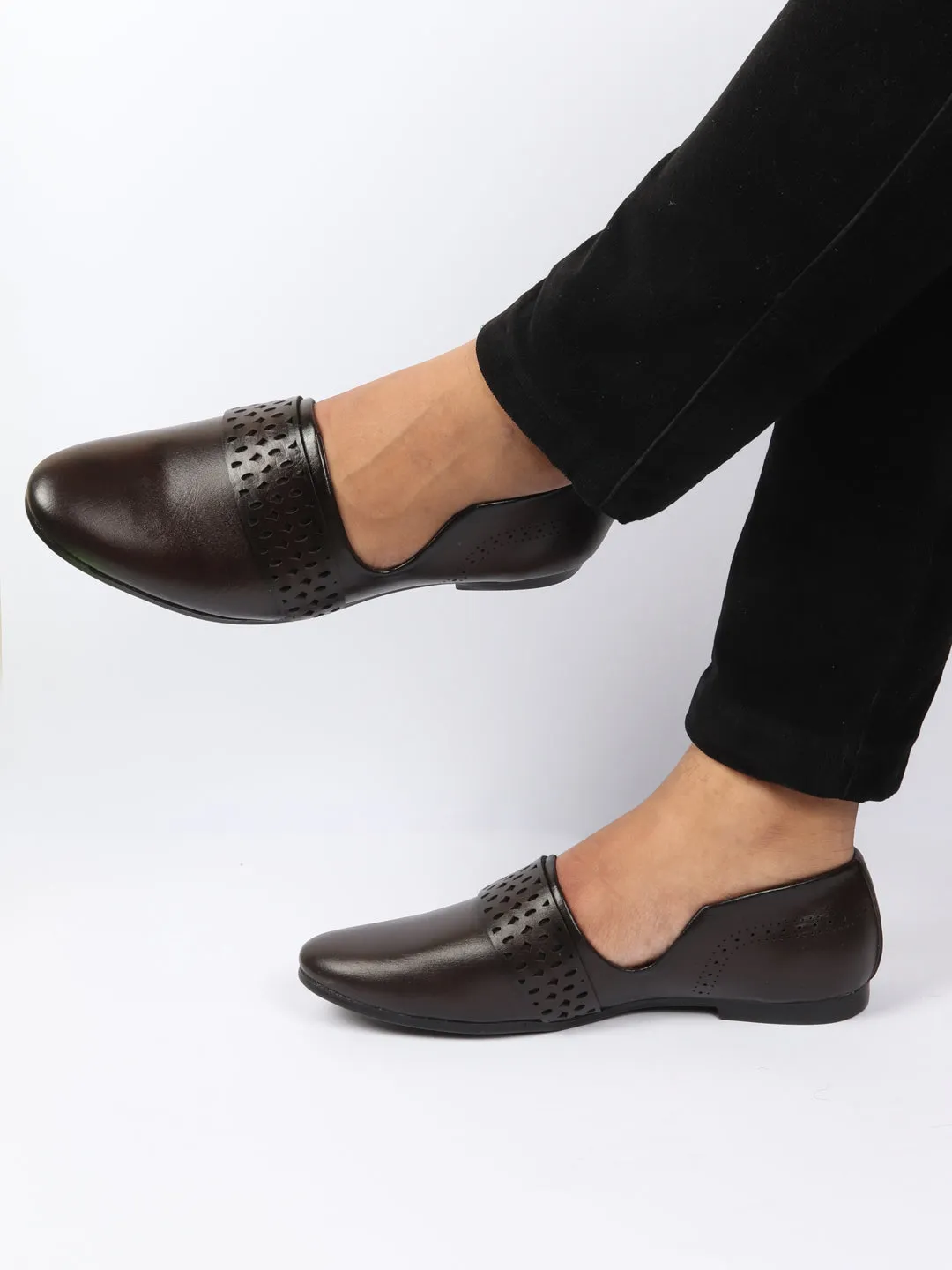 Men Brown Laser Cut Design Side Open Broad Feet Ethnic Party Slip On Shoes