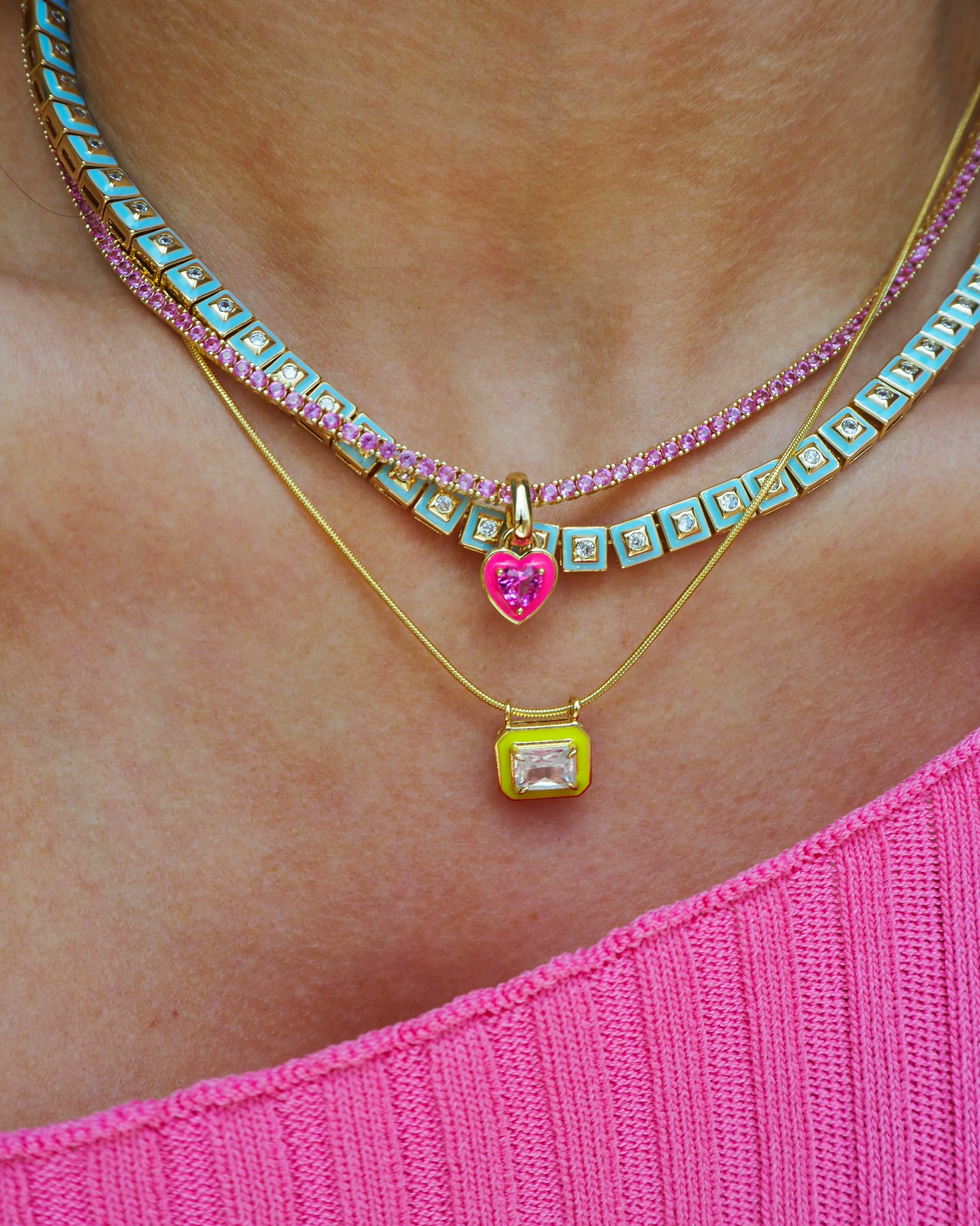 Mini Ballier Necklace with Heart Charm- Hot Pink- Gold