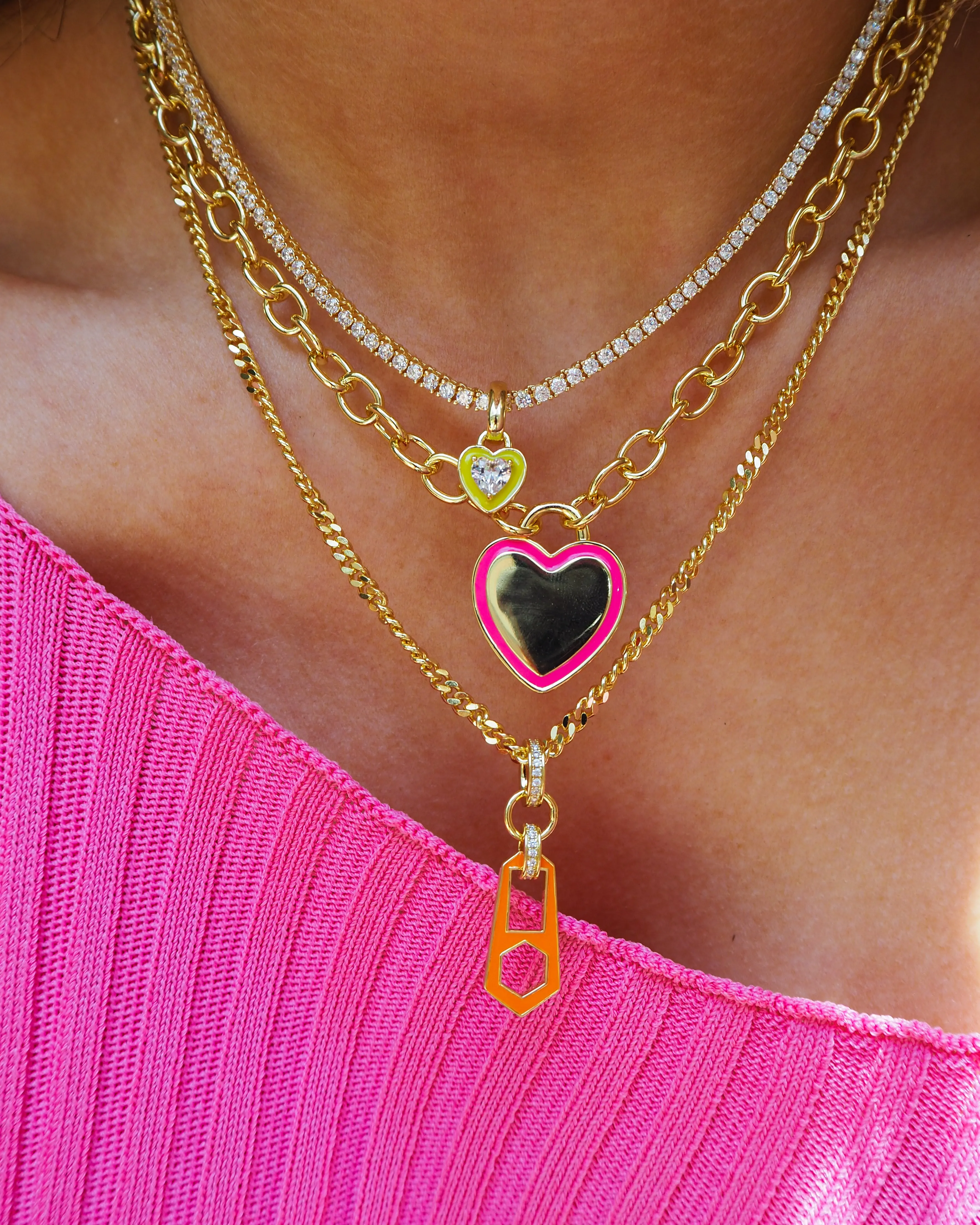 Mini Ballier Necklace with Heart Charm- Neon Yellow- Gold