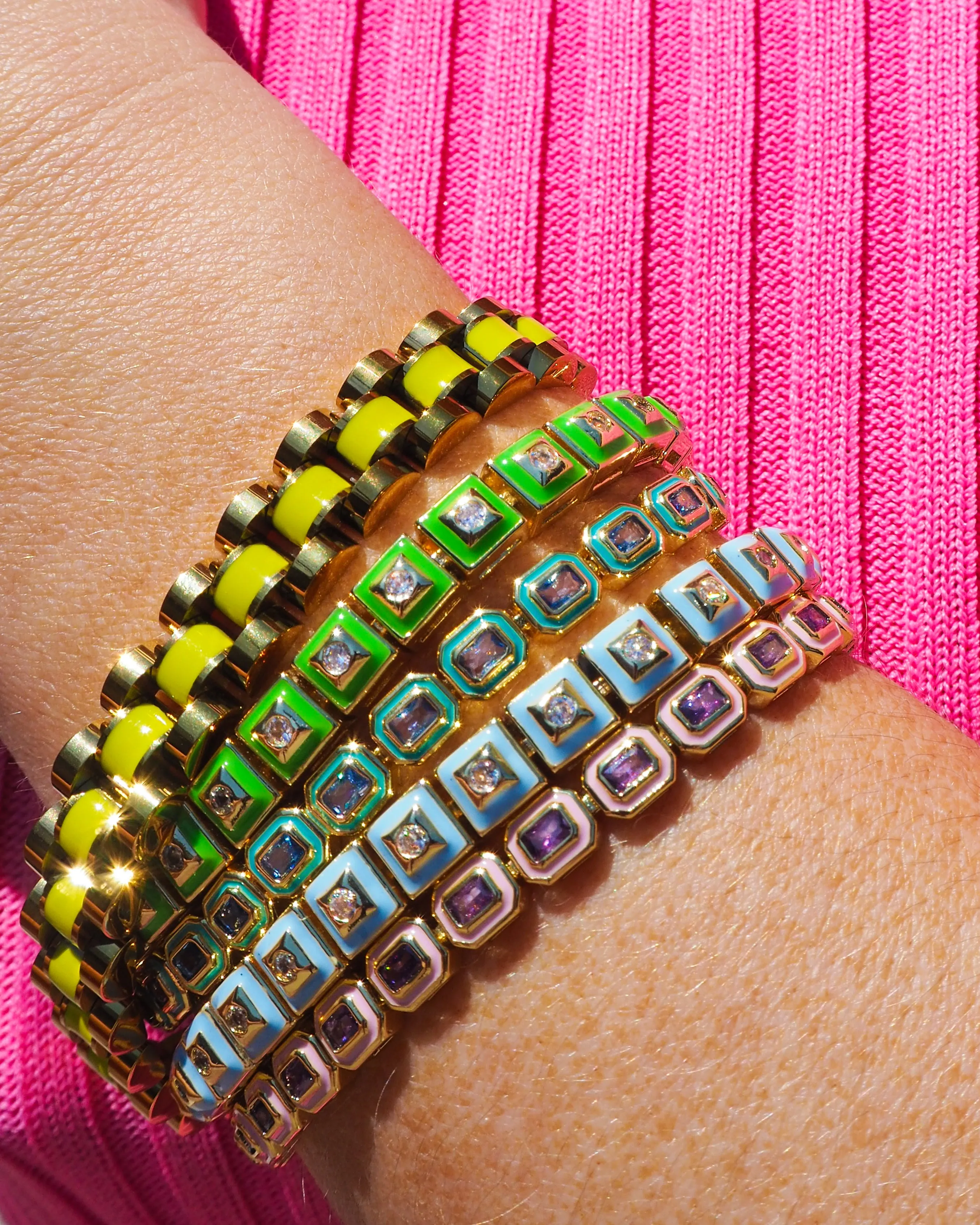 Pyramid Stud Tennis Bracelet- Bright Green- Silver