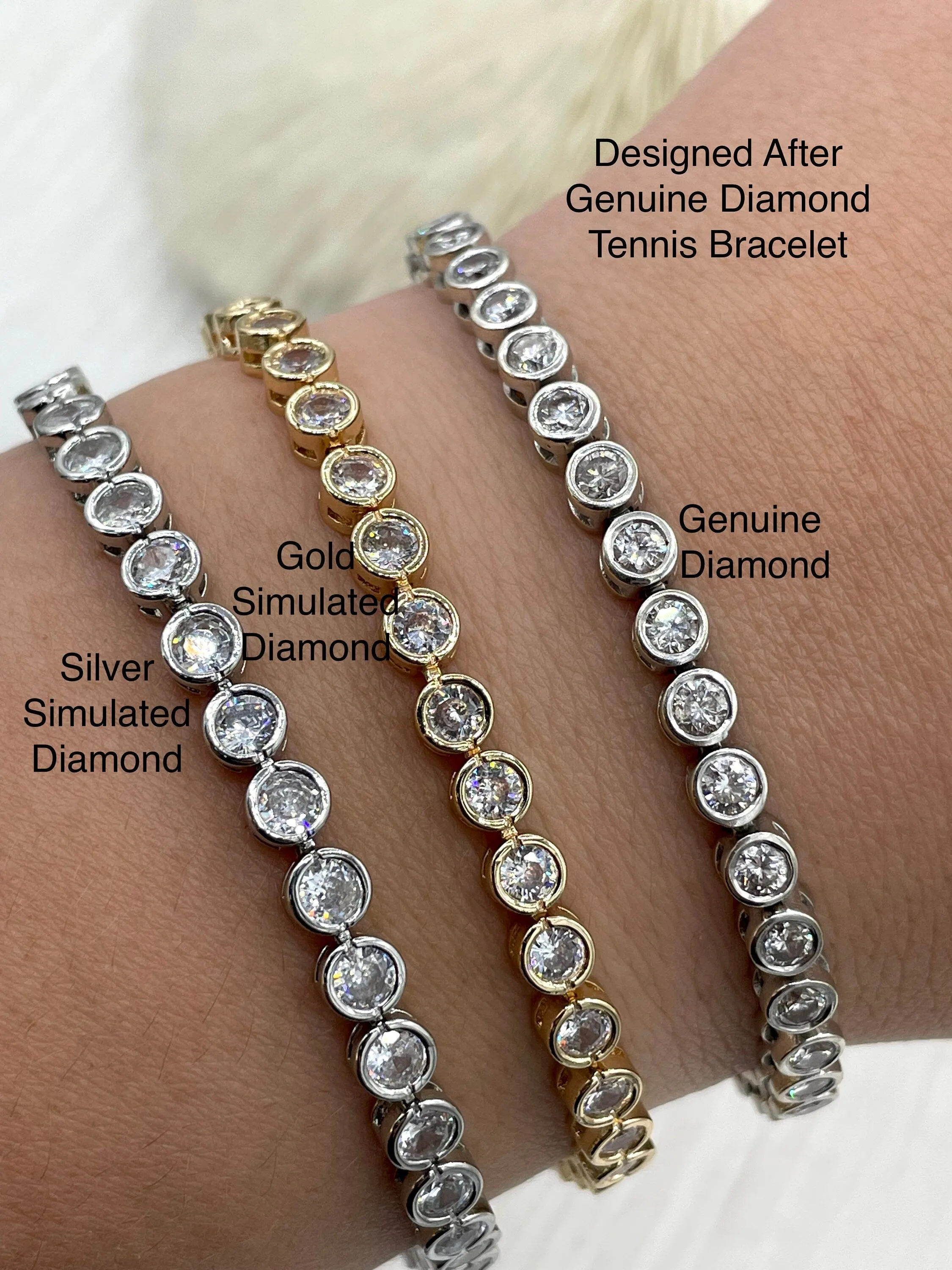 Simulated Diamond Brilliant Cut Tennis Bracelet, Cubic Zirconia Bracelet, Tennis Bracelet, Gold or Silver over Brass, Latch Clasp Closure